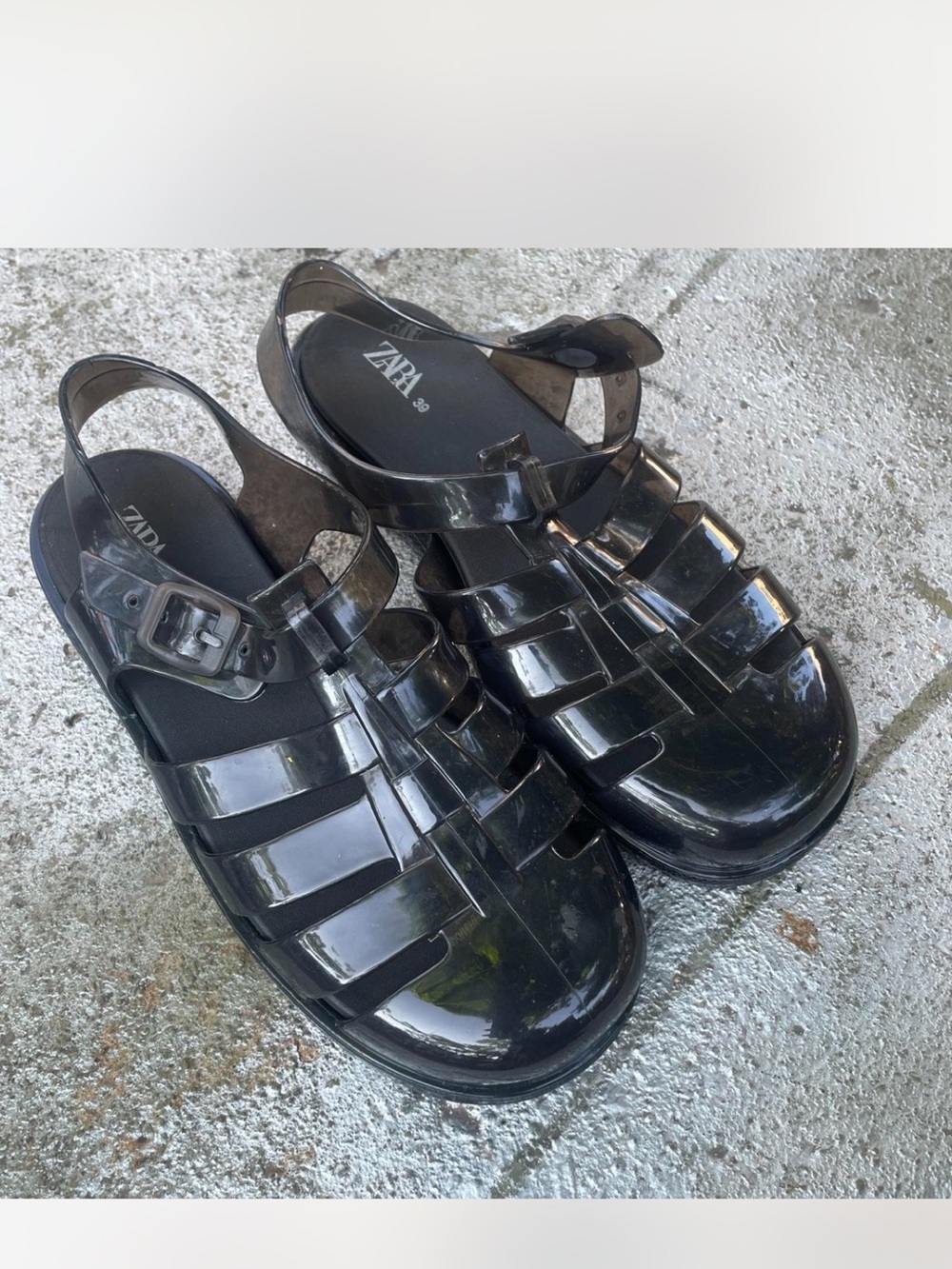 Zara Black Glossy Jelly Fisherman Sandals - Women's